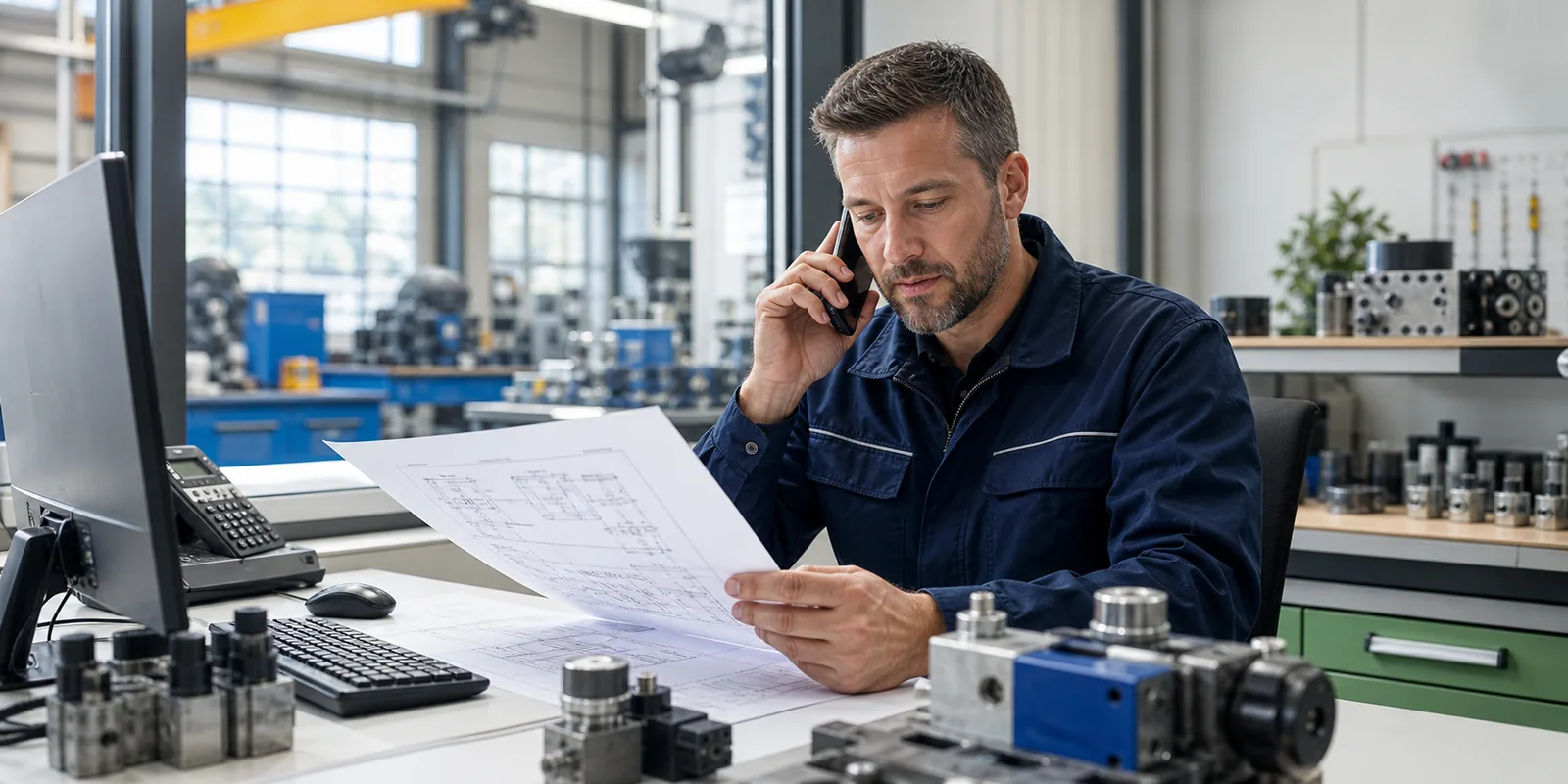 Spectrum technical advisor assisting a customer by phone while reviewing a hydraulic schematic
