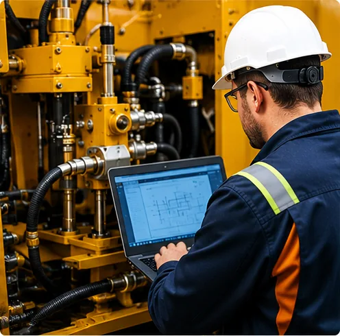 Field technician diagnosing an industrial hydraulic system
